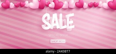 Valentine banner with SALE typography in paper craft style hanging by realistic hearts on top over pink pattern oblique line background Stock Vector