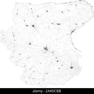 Satellite map of Province of Foggia towns and roads, buildings and connecting roads of surrounding areas. Puglia region, Italy. Map roads, ring roads Stock Vector