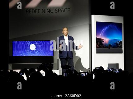 Las Vegas, United States. 06th Jan, 2020. Tim Alessi, Head of Home Entertainment Product Marketing LG Electronics USA introduces the new LG OLED TV's models during the 2020 International CES, at the Mandalay Bay Convention Center in Las Vegas, Nevada on Monday, January 6, 2020. Photo by James Atoa/UPI Credit: UPI/Alamy Live News Stock Photo