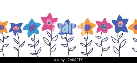 Seamless Doodle flowers vector border. Cute florals and leaves pattern blue pink yellow orange. Hand drawn repeating flower meadow design for greeting Stock Vector