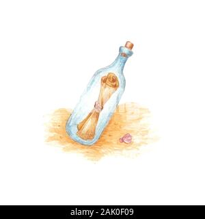 Vector letter in bottle illustration watercolor hand drawn vintage retro note or map in glass bottle on sand seashore isolated on white Stock Vector
