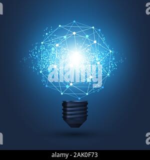 Abstract Electric and Global Network Connections Concept Design with a Glowing Light Bulb and Transparent Geometric Mesh - Vector Stock Vector