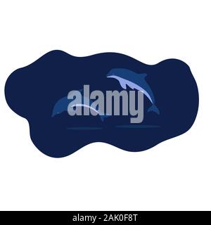 A dolphins in the ocean colorful illustrtion. Jumping over water. Aqua concept Stock Vector