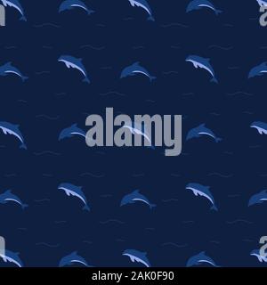 A seamless pattern on a blue background of dolphins in the ocean. Colorful illustration, wrapping and packaging Stock Vector