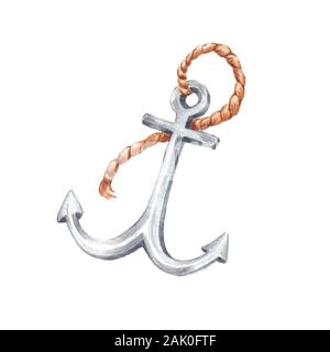 Vector anchor illustration watercolor hand drawn marine steel anchor with rope isolated on white Stock Vector