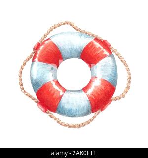 Vector lifebuoy red and white safety ring with rope illustration watercolor hand drawn marine rescue equipment isolated on white Stock Vector