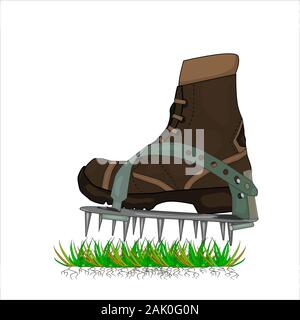 Lawn aerator shoes with metal spikes isolated on white background. Garden aerating tool. Aerating spikes shoes for lawn care aeration green. Vector Stock Vector