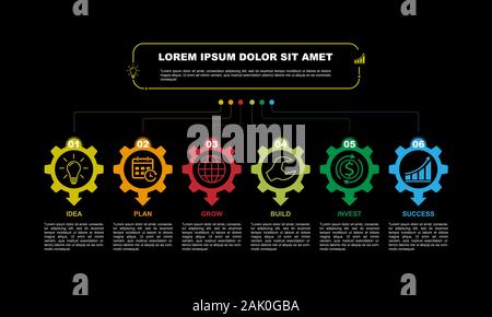 Business infographic 6 step flat. Simple template design black background Stock Vector