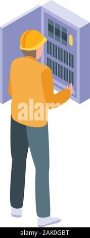 Electrician in metal box icon, isometric style Stock Vector