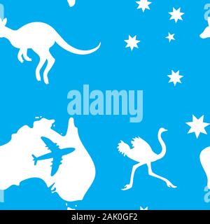 Seamless background Australia map plane kangaroo ostrich star blue. Vector image Stock Vector