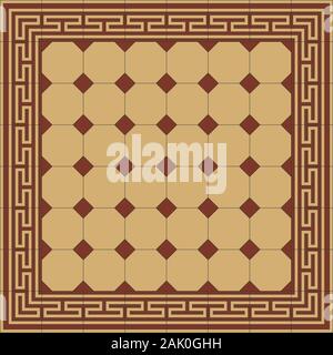 Retro Seamless Vector Pattern of Encaustic tiles decorations. Tileable floor mosaic background in classic style with greek key border. Set of full editable tiles. Stock Vector