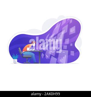 Positive businessman doing big data analysis on tablet computer, Big data, big data analysis, big data technology, database analytics, Stock Vector