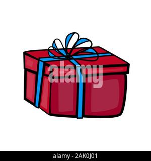 Gift box isolated on white background. Stock vector of holiday present in cartoon style.Gift box icon. Christmas red gift box with blue ribbon. Stock Vector