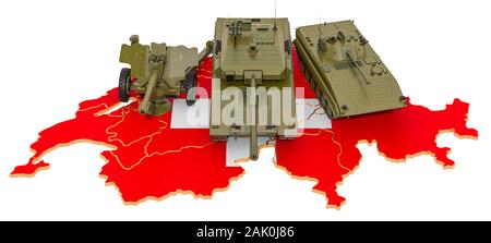 Combat vehicles on Swiss map. Military defence of Switzerland concept, 3D rendering isolated on white background Stock Photo