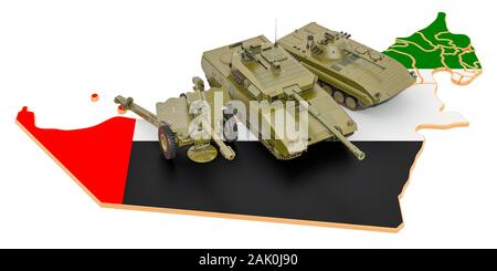 Combat vehicles on the UAE map. Military defence of the United Arab Emirates concept, 3D rendering isolated on white background Stock Photo