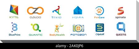 Set of Twelve Icons and Logo Designs - Multiple Colors and Elements Stock Vector