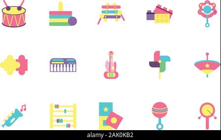 toys icon set design of Childhood play fun kid game gift object little and present theme Vector illustration Stock Vector