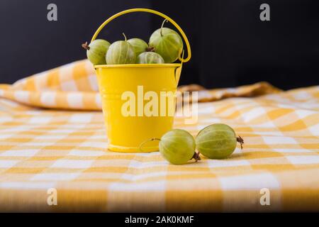 Yellow bucket of green cherry-cherry-plums. Stock Photo