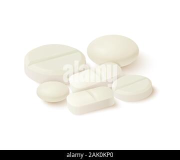 Collection of oval, round and capsule shaped tablets. Medicine and drugs. Realistic medical pills isolated on white background. Vector illustration. Stock Vector