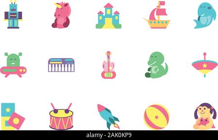 toys icon set design of Childhood play fun kid game gift object little and present theme Vector illustration Stock Vector