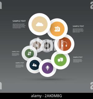 Business or Technology Infographics Document Concept Design, Spiralling Circular Diagram Template with Icons - Illustration in Editable Vector Format Stock Vector