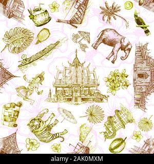 Seamless pattern of hand drawn sketch style Thailand related objects isolated on white background. Vector illustration. Stock Vector
