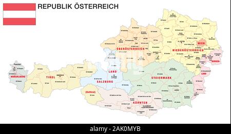 new administrative and political map of austria in german language 2020 Stock Vector