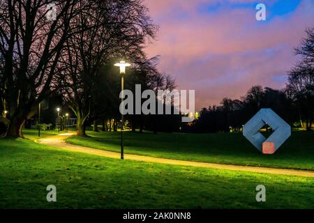 The Grugapark, in the evening, in winter, artwork layering, on the Fummel Wiese, meadow, Essen, Germany, Stock Photo