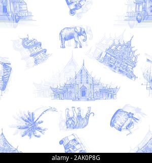 Seamless pattern of hand drawn sketch style Thailand related objects isolated on white background. Vector illustration. Stock Vector
