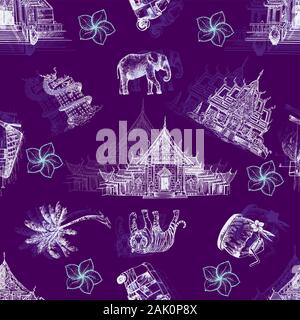 Seamless pattern of hand drawn sketch style Thailand related objects isolated on violet background. Vector illustration. Stock Vector