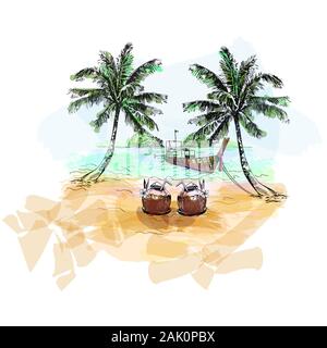 Poster card composition of Thailand themed hand drawn sketch style landscape with boat and palms on the beach isolated on white background. Vector ill Stock Vector