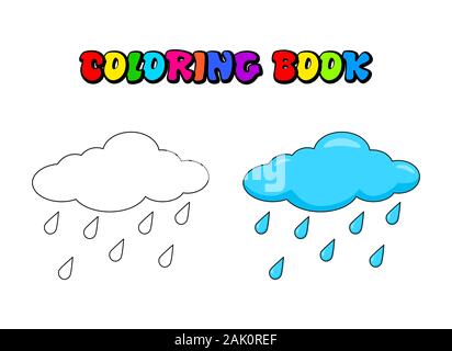 Cloud with rain drops Coloring book for children. Vector water drops outline illustration. Weather forecast coloring page for preschool kids Stock Vector