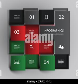 Colorful Numbered Tiled Banners - 3D Infographic Design with Icons - Illustration in Freely Editable Vector Format Stock Vector
