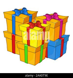 Gift stack, Group, heap, pile of colorful Christmas, birthday present boxes, decoration element, cartoon vector isolated on white background. Stock Vector