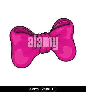 Pink bow knot isolated on white. Single bow gift knot of ribbon in cartoon style design. Classical decorative element Template for greeting card, sale Stock Vector