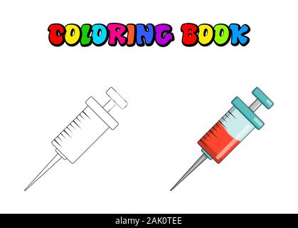 Syringe for injection Coloring book for children, Cartoon Medical Needle colouring pages for kids. Healthcare vector illustration isolated on white. Stock Vector