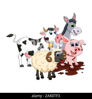 Farm animal group. Cow, pig, ram, donkey design isolated on white background. Cute cartoon animals collection Vector illustration Stock Vector