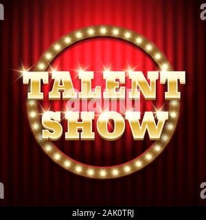 Talent show banner, poster, gold inscription on red curtain. Advertising or invitation, event. Vector illustration Stock Vector