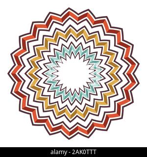 Orange, yellow, turquoise and brown colored vector pattern consisting of circular sharp lines. Round symmetrical pattern isolated on white background. Stock Vector