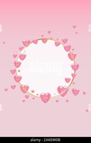 3d vector saint valentine s day golden round frame with pink heart on pink background. Poster and invitation Stock Vector