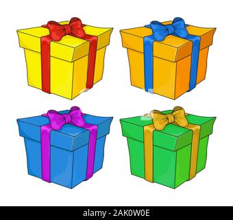 Set of colorful gift boxes with fashionable ribbons and bows isolated. green, blue, orange, yellow, present box. Decorative stylish wrap for presents Stock Vector