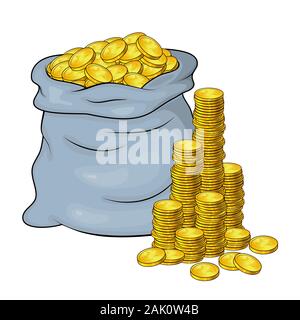 Open Sack Full of Golden coins and cash tower, mountain. Vector illustration banking money symbol isolated on white background Stock Vector
