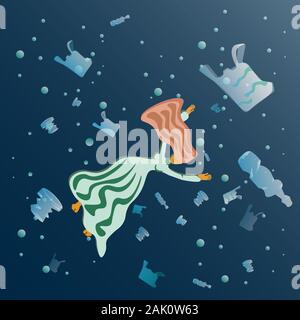 Worldwide, environmental pollution is harmful from plastic. Vector stock illustration, man drowning garbage from plastic waste. Stock Vector