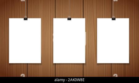 Set of 3 blank posters hanging on thread with clips Stock Vector