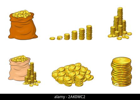 Coins isolated cartoon set, collection. Gold stack, heap, pile of money. Bag, sack of cash, wealth income graph. Vector illustration on white Stock Vector