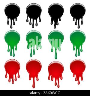 Set of colorful dripping circle paint. Paint drip stickers or circle labels. Drippings sauces current round spots, ink paint leak or green liquid, ket Stock Vector
