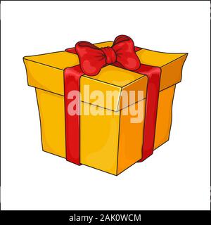 Gift box with red ribbon and bow isolated on white background.  Merry Christmas orange present in cartoon style. design for Xmas, birthday, holidays Stock Vector