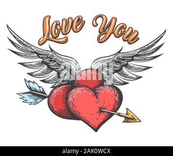 Winged Hearts Pierced by Arrow and lettering Love You drawn in tattoo style. Vector illustration. Stock Vector