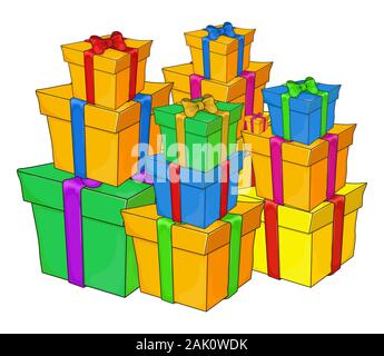 Pile, heap of Christmas, birthday gifts, presents. Colorful wrapping, elegant ribbon bow. Present stack isolated on white background. Stock Vector