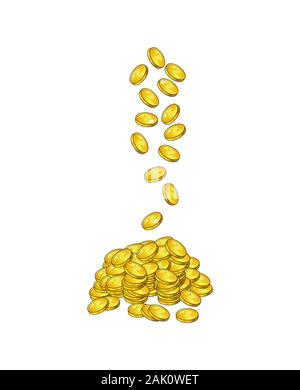 Falling golden coins. flying money into heap,pile. Cash fall down into a stack of gold. Vector illustration isolated on white background. Stock Vector